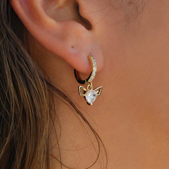 Winged Heart With Cubic Zirconia Hoop Earrings - Picture 2 of 6